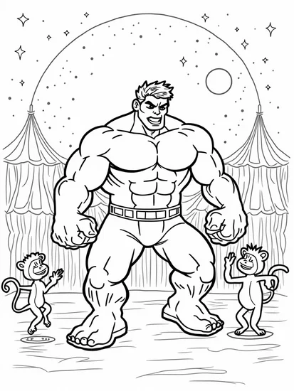 A coloring page of Hulk lifting a giant dumbbell