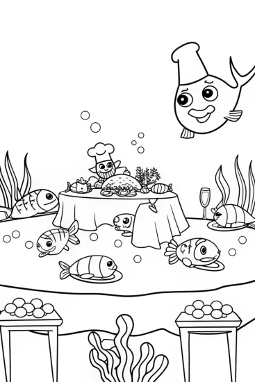 A coloring page of Thanksgiving feast under the sea
