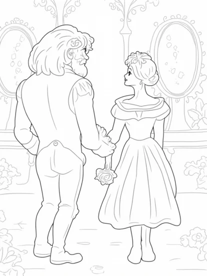 A coloring page of Belle and the Beast in a mirror maze