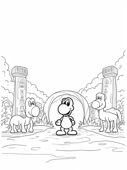 A coloring page of Yoshi in a desert oasis