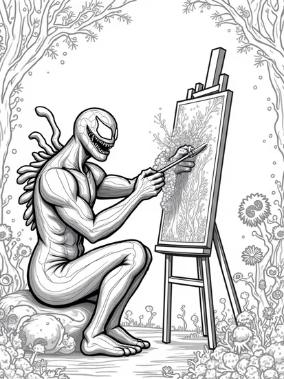 A coloring page of Venom painting in a cosmic forest