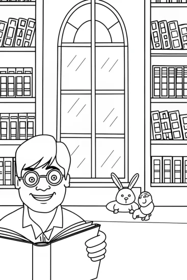 A coloring page of Hulk as a friendly librarian