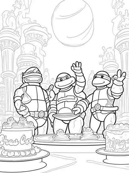 A coloring page of Teenage Mutant Ninja Turtles baking