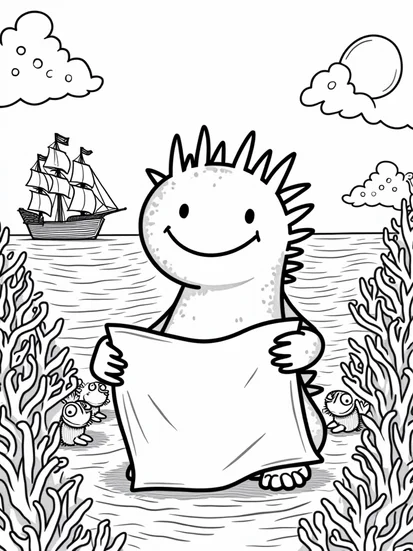 A coloring page of Axolotl’s treasure hunt adventure