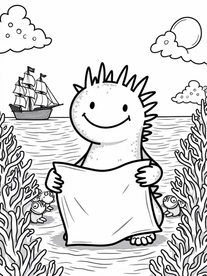 A coloring page of Axolotl’s treasure hunt adventure