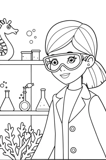A coloring page of Mermaid experimenting in her lab