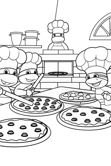 A coloring page of TMNT Pizza Bake-Off