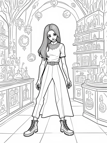A coloring page of Wednesday Addams in the alchemist’s forge