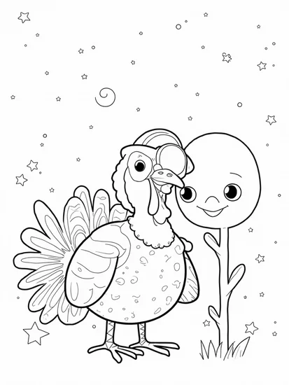 A coloring page of Turkey exploring a cosmic garden