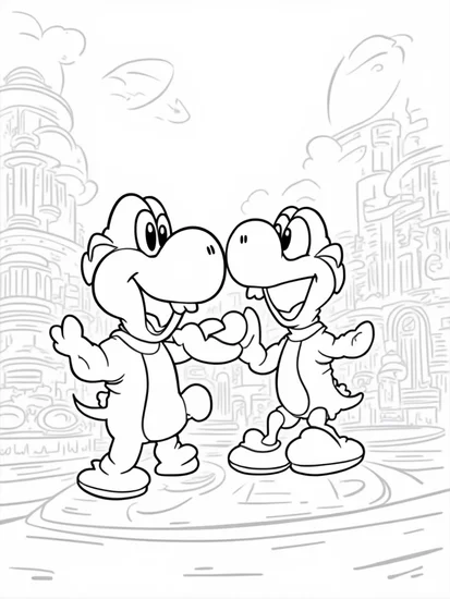 A coloring page of Yoshi in a futuristic city