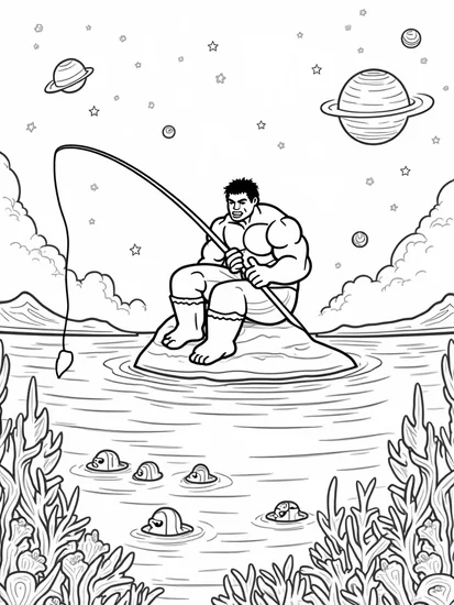 A coloring page of Hulk fishing in a cosmic ocean