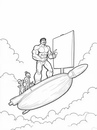 A coloring page of Hulk painting in the sky