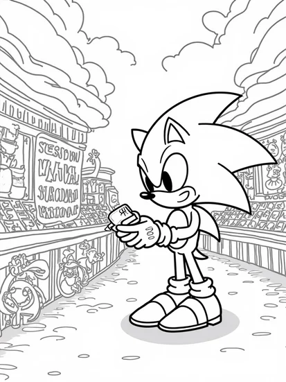 A coloring page of Super Sonic at the alien market