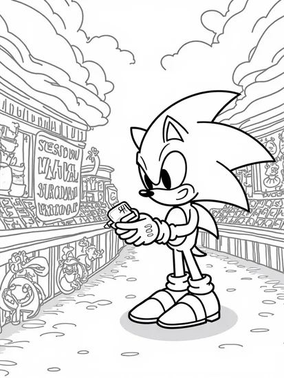 A coloring page of Super Sonic at the alien market