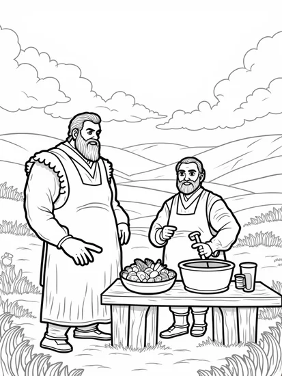 A coloring page of Giants preparing Thanksgiving feast