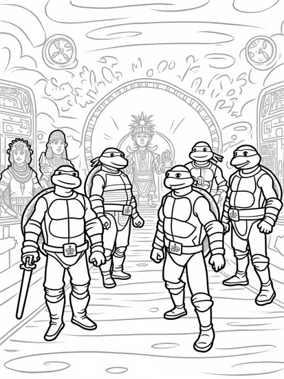 A coloring page of Teenage Mutant Ninja Turtles pizza adventure