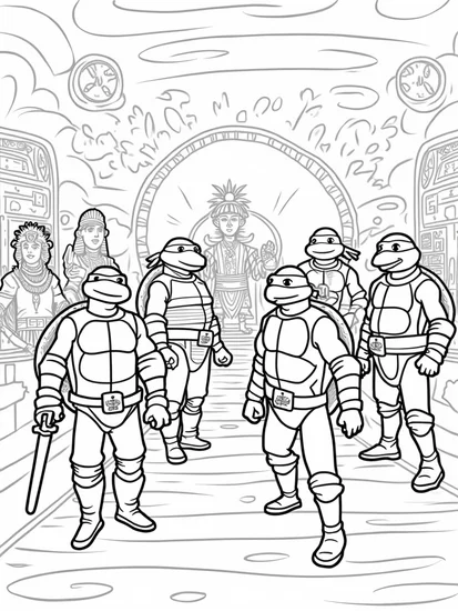 A coloring page of Teenage Mutant Ninja Turtles pizza adventure