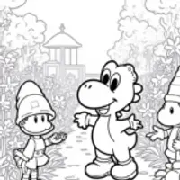 Yoshi in a garden with gnomes