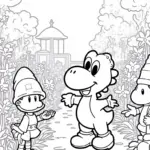 Yoshi in a garden with gnomes