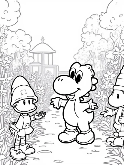 A coloring page of Yoshi in a garden with gnomes