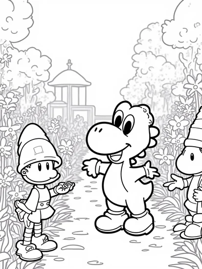 A coloring page of Yoshi in a garden with gnomes