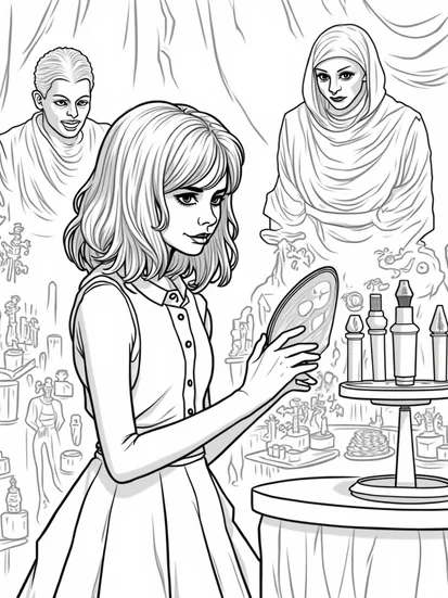A coloring page of Wednesday Addams in a haunted studio