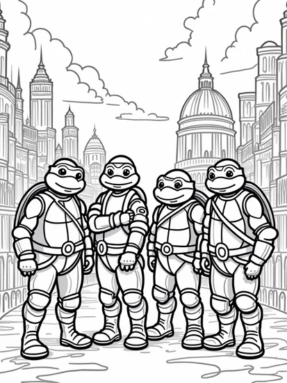 A coloring page of Teenage Mutant Ninja Turtles tour guides