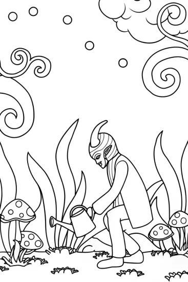A coloring page of Venom gardening in a magical garden