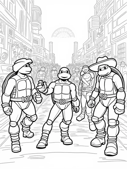 A coloring page of Teenage Mutant Ninja Turtles museum heist