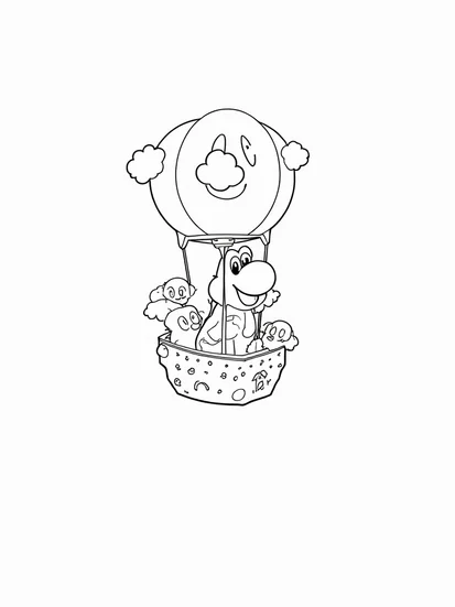 A coloring page of Yoshi in a fruit hot air balloon