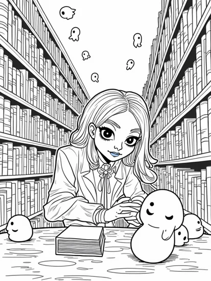 A coloring page of Wednesday Addams in a spooky library