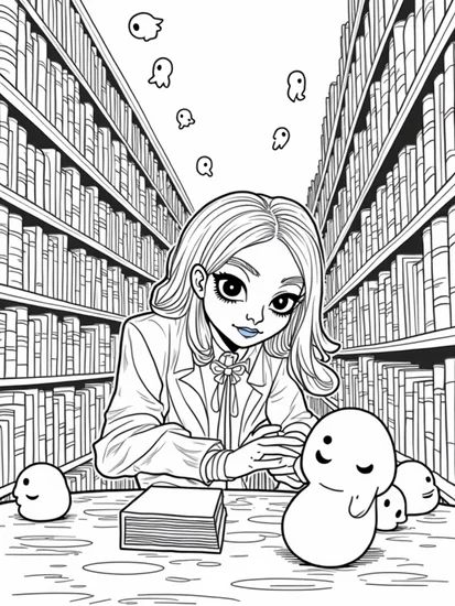 A coloring page of Wednesday Addams in a spooky library