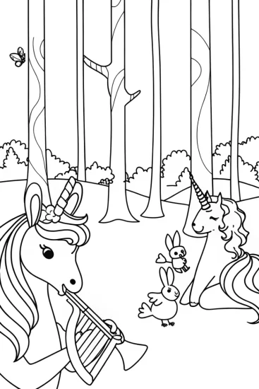 A coloring page of Unicorns making music in a forest