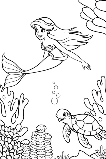 A coloring page of Mermaid exploring underwater garden