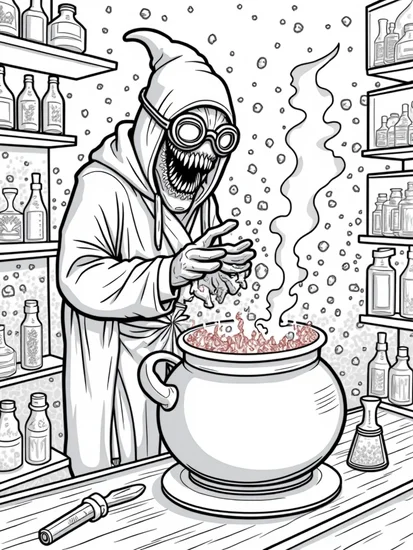 A coloring page of Venom brewing colorful potions