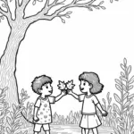 Children sharing colorful leaves