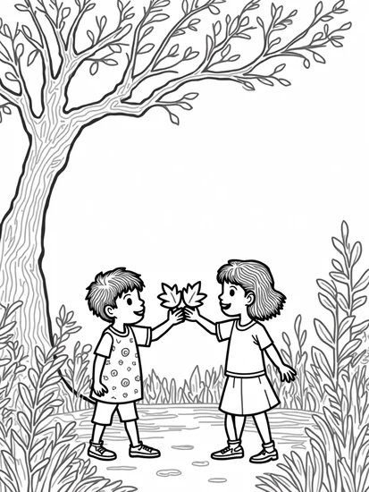 A coloring page of Children sharing colorful leaves
