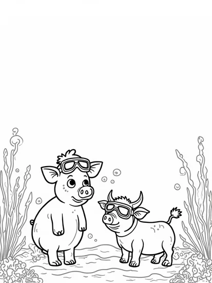 A coloring page of Pig and cow underwater fun