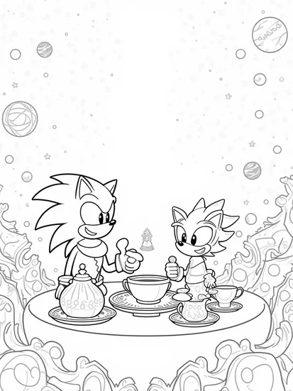A coloring page of Super Sonic at the tea party