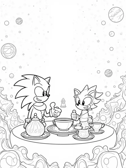 A coloring page of Super Sonic at the tea party