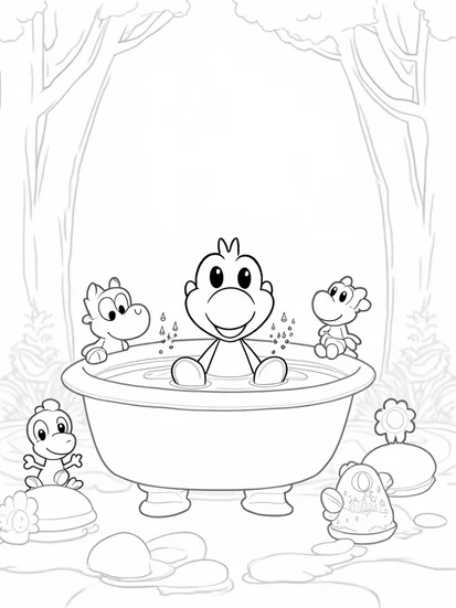 A coloring page of Yoshi’s bubble bath adventure