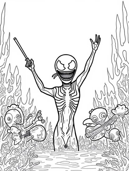 A coloring page of Venom conducts an underwater concert