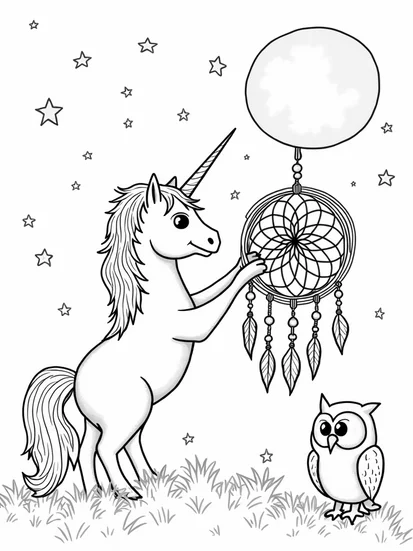 A coloring page of Unicorn crafting a dreamcatcher