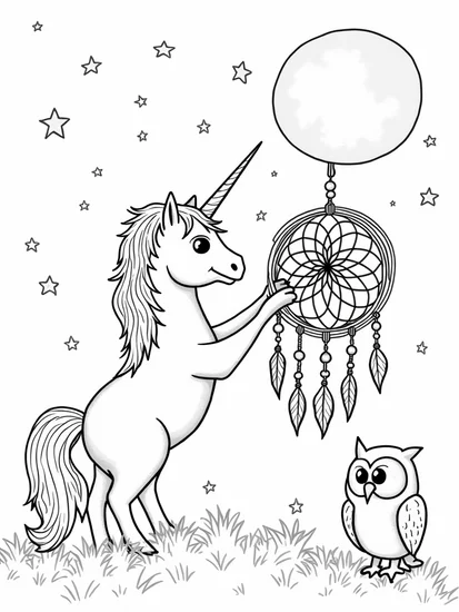 A coloring page of Unicorn crafting a dreamcatcher