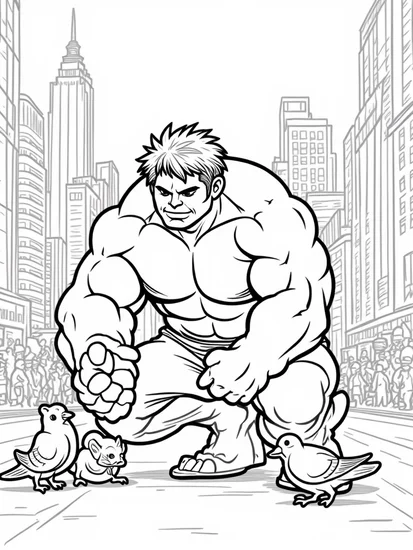 A coloring page of Hulk protecting urban wildlife