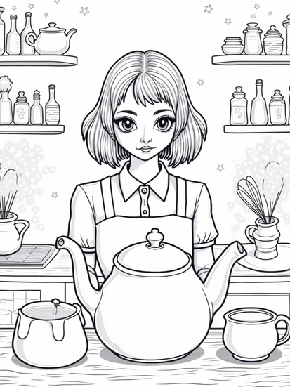 A coloring page of Wednesday Addams in a mystical kitchen