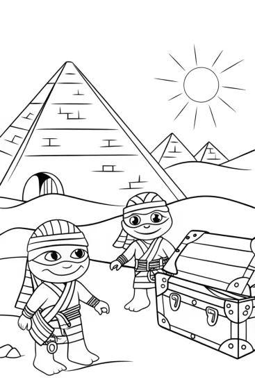 A coloring page of Ninja Turtles in ancient Egypt