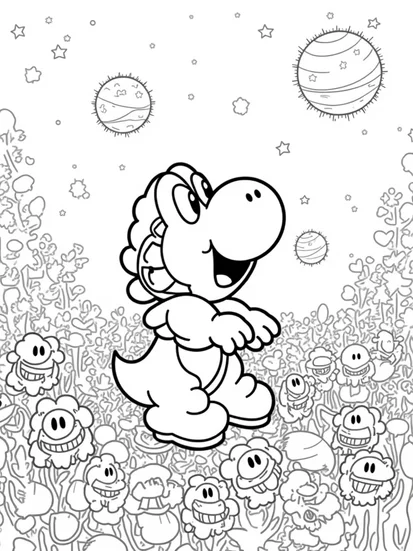 A coloring page of Yoshi in an alien garden