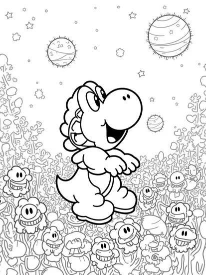 A coloring page of Yoshi in an alien garden