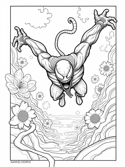 A coloring page of Venom’s escape from the labyrinth
